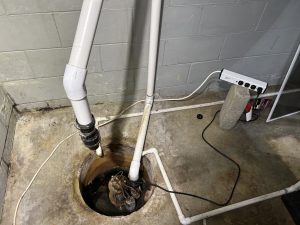 Basement sump pump installed in sump pit to remove groundwater and prevent basement flooding
