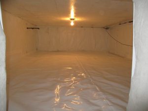 Encapsulated crawl space with sealed vapor barrier and insulated foundation walls for improved energy efficiency and moisture control.